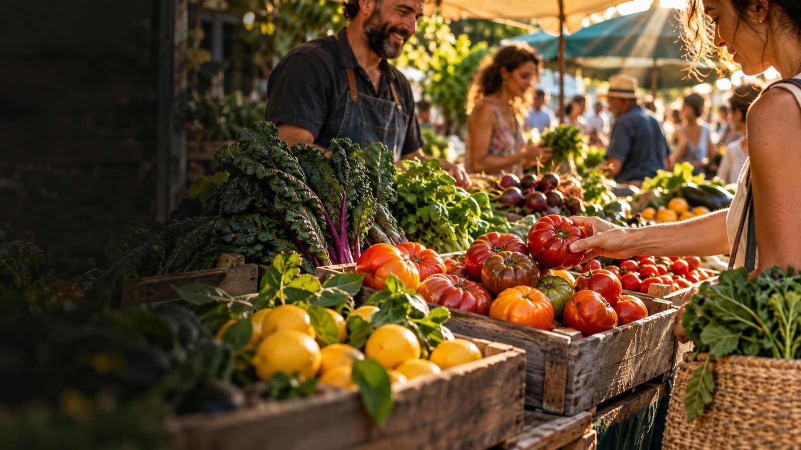 Hands choosing seasonal produce at a sunlit farmers market